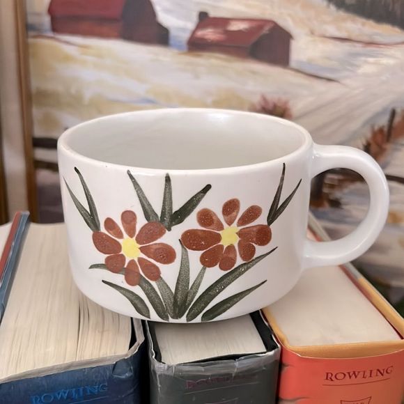 Vintage Stoneware Soup Bowl with Flowers - Picture 2 of 5